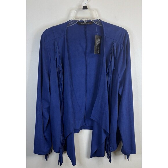 COLLEEN LOPEZ Faux Suede Fringe Open Jacket 1X Drape 3/4 Sleeve Blue Western - Picture 1 of 10